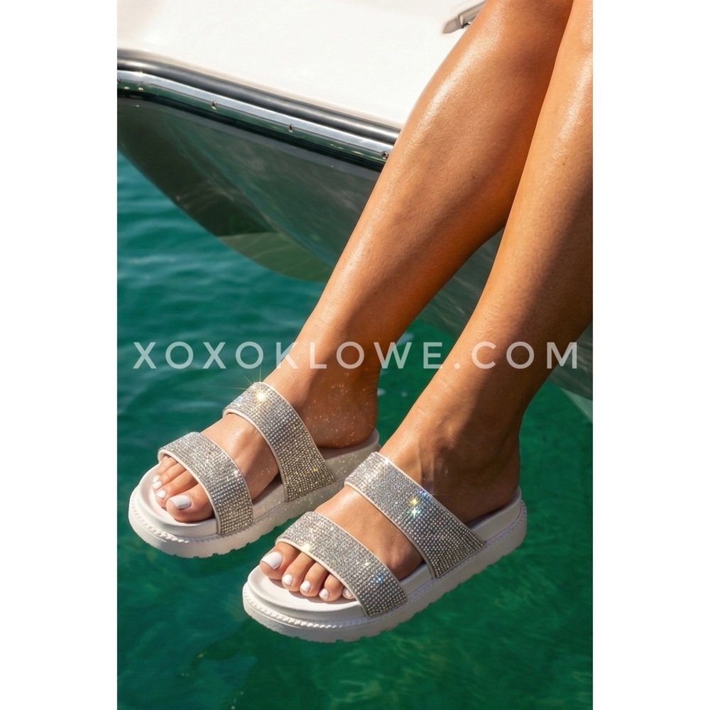 Qupid White Rhinestone Slide Sandals | Double Strap Sparkly Slip On Summer Shoes - Picture 8 of 8